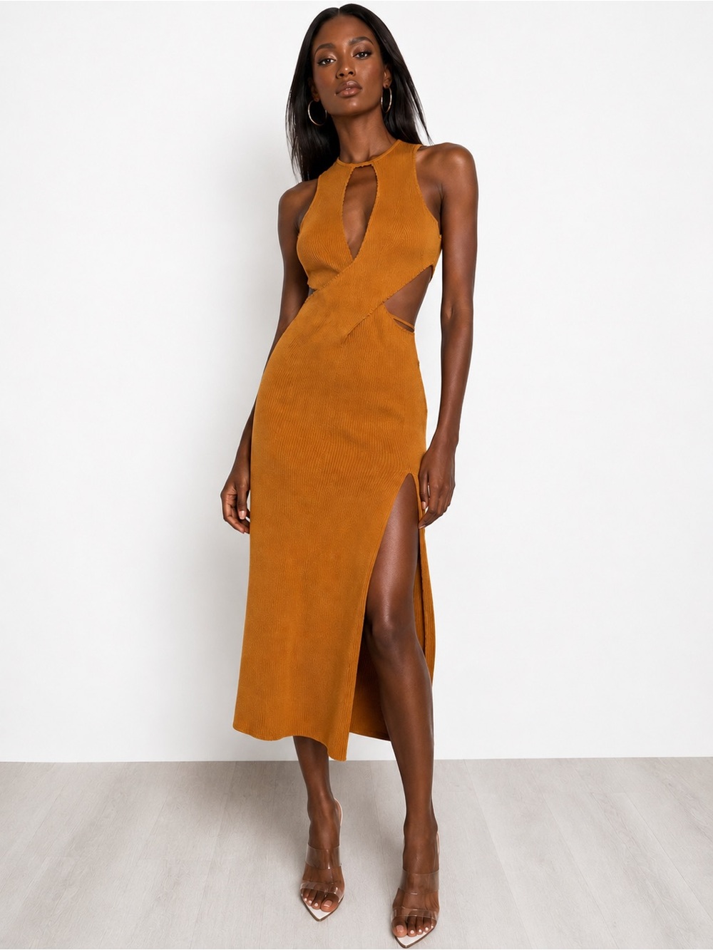 For Love & Lemons Mustard Knit Maxi Dress with Front Keyhole